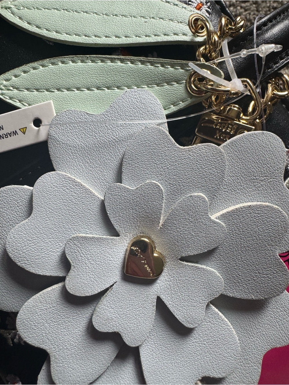 Betsey Johnson Black Floral Shoulder Bag with Pink & Mint Charms - Picture 7 of 10